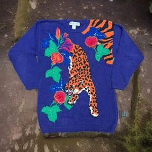 Vintage Victoria Harbour Tiger Sweater Dress Size M Jungle Bedazzled Embroidered - Picture 1 of 15