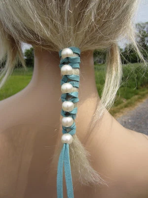 Ponytail Holders Leather Hair Wraps Ties Pearl Beads BOHO Bohemian Jewelry  - Image 1 of 4