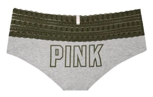 Victoria Secret PINK Dot Lace Trim Hipster Heather Grey White Tiger Green Lace L - Picture 1 of 1
