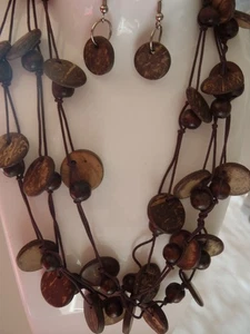 Vintage Boho Coconut Shell Disc 3 strands Necklace & Earrings Set - Picture 1 of 11