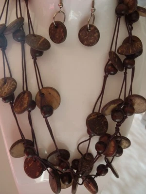 Vintage Boho Coconut Shell Disc 3 strands Necklace & Earrings Set - Image 1 of 4