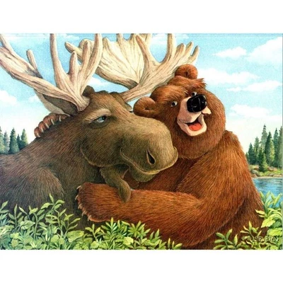 New Leanin Tree Greeting Card Get Well Hugs Moose Bear Jeffrey Severn "Buddies" - Image 1 of 4
