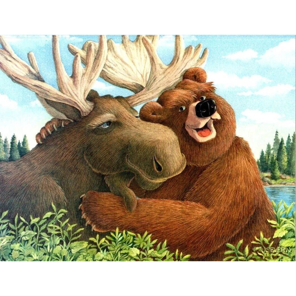 New Leanin Tree Greeting Card Get Well Hugs Moose Bear Jeffrey Severn "Buddies" - Image 1 of 4