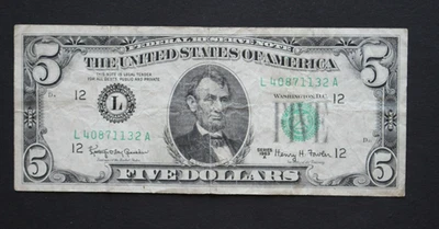 1963 A $5/San Francisco/ Federal Reserve Note/significant circulation/F-1968L - Image 1 of 4