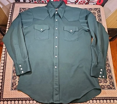 VTG 1970s LEE Western Pearl Snap Green Gabardine SHIRT 70s Polyester DISCO L/XL - Image 1 of 4