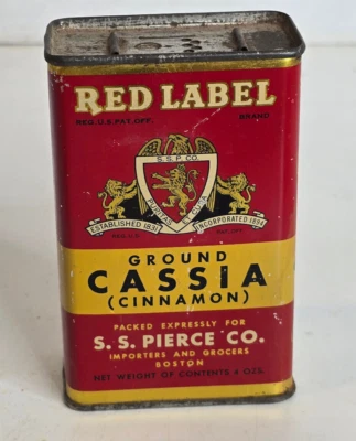 Vtg Red Label Cinnamon Spice Tin S S Pierce Co Unusual Shaker Top Spoon Bottom - Image 1 of 4