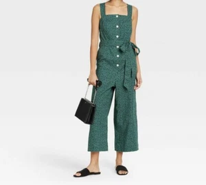 A NEW DAY Women's M Sleeveless Button-Front Linen Cropped Jumpsuit TEAL FLORAL - Picture 1 of 6