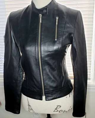 NUEVO Abrigo Chaqueta de Cuero Para Mujer Clásico Negro Motociclista "Café" Talla 2 Vestido Informal-U Foto 1 de 4