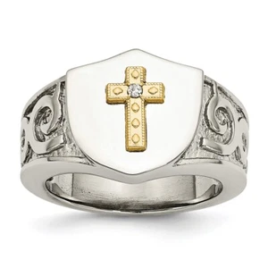 Stainless Steel Polished with Real 10K Gold Cross and .02 Carat Diamond Ring - Picture 1 of 10