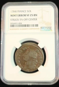 1784 FRANCE 1 SOL LOUIS XVI NGC VF 25 BN MINT ERROR STRUCK OFF CENTER SCARCE - Picture 1 of 8