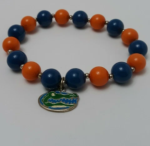 University of Florida Gators Orange Blue Beaded Stretch Bracelet UF Gator Charm Cover
