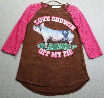 Camiseta Southern Grace Para Mujer Grande L Rosa Marrón Cerdo Granja Manga 3/4 Encaje Burnout Foto 1 de 4