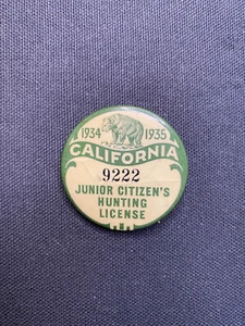 Vintage 1934 1935 California Junior Citizen's Hunting License Pin Button Pinback - Picture 1 of 4
