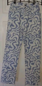 COTTON:ON Womens Long Straight Leg Sz 4 Blue Swirl Geometric Style Jeans Pants - Picture 1 of 8