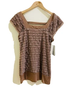 J.T.B women's brown ruffle Top Shirt Blouse size large L new - Picture 1 of 8