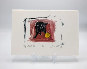 Hund + Ball Kunstdruck signiert und nummeriert Künstler "tdmac" 1992 Vintage Baumwolllappen - Bild 1 von 1