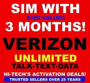 VERIZON 3 MONTHS SIM CARD AND SERVICE! ✅ $180 VALUE! ✅TRUSTED SELLERS 25 YEARS ! - Picture 1 of 2