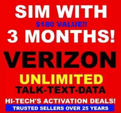 VERIZON 3 MONTHS SIM CARD AND SERVICE! ✅ $180 VALUE! ✅TRUSTED SELLERS 25 YEARS ! - Image 1 of 2