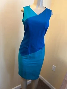 Classiques Entier Women's Blue and Green Classy V-Neck Lined Sheath Dress - Picture 1 of 5