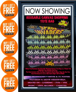 Space Invaders Reusable Black Canvas Shopping Tote Bag  Buy 1 Get 1 Free - Picture 1 of 7
