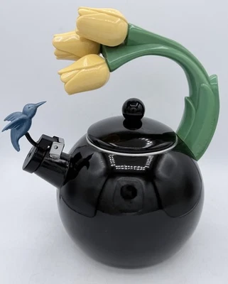 Hervidor de té vintage Ancona RARO esmalte negro silbando tulipán y colibrí años 90 Foto 1 de 4