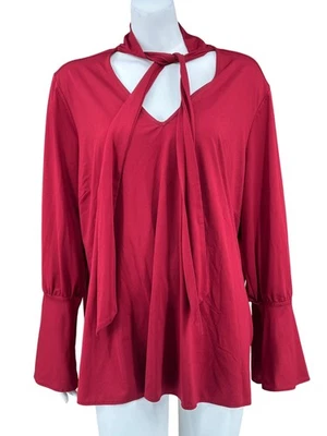 Melissa McCarthy Seven7 Top Mujer 2X Rojo Cuello Corbata Manga Larga Campana Oficina Preppy Foto 1 de 4