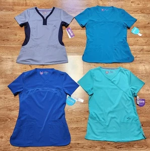 Women's Scrub Tops Size XS Urbane, Healing Hands Lot of 4 Scrubs Stretch NWT Ass - Picture 1 of 17