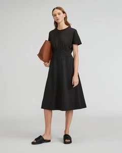 Everlane Women L The Organic Cotton Waisted Dress Midi Solid Black Short Sleeve - Picture 1 of 11