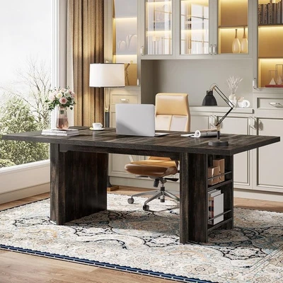 TRIBESIGNS 63-Inch Executive Computer Desk, Modern Wood Office Desk with Storage Shelves