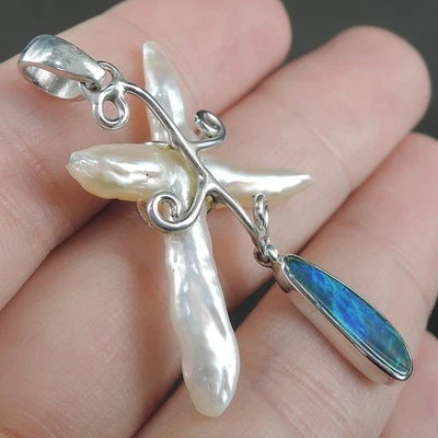Joyería colgante de plata de ley 925 doblete natural ópalo y perlas Biwa, OP-07 Foto 1 de 4