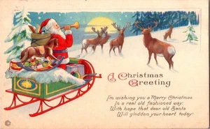 Postal de colección de 1923 Feliz Navidad Feliz Navidad Santa Reno Noche Escena - Imagen 1 de 2