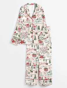 Pijama de satén manga larga retro de vacaciones Navidad mapa pueblo polo norte para mujer - Imagen 1 de 6