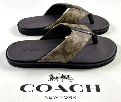 Scarpe uomo infradito Coach taglia 8 kaki firma C rivestite in tela NUOVE 128€