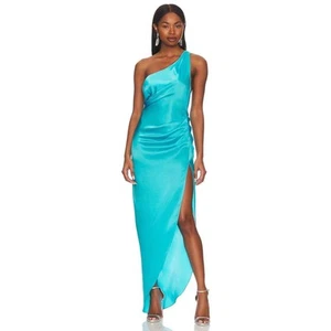 Amanda Uprichard Jaida Cocktail One Shoulder Side Slit Silk Gown Blue Marina Med - Picture 1 of 6