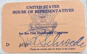 100th Congress United States House of Representatives Chamber Pass-Pat Schroeder - Picture 1 of 2
