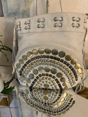 Rare Sharif White Leather Crossbody Bucket Bag Studded Boho Designer Handbag - Image 1 of 4