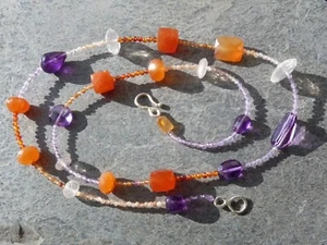 Halskette, Silber, Edelsteine, Karneol, Amethyst, Rosenquarz, 55 cm - Bild 1 von 16