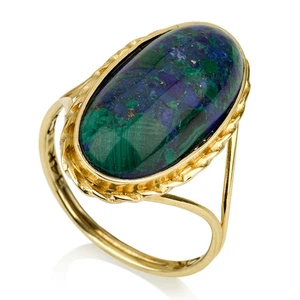 Azurite Gemstone Ring 14K Yellow Gold Split Shank Deep Blue Green Stone Jewelry - Picture 1 of 7