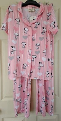Munki Snoopy 睡衣裤上衣套装粉色灰色心形条纹女式中号花生 M — 第 1/4 张图片