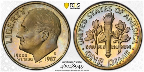 PR69DCAM 1987-S 10C Roosevelt Proof Dime, PCGS Secure- Pretty Album Toned Cover