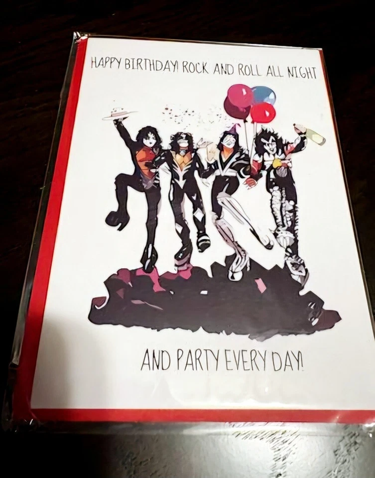 KISS ROCK AND ROLL AND PARTY EVERY DAY CARTOON BIRTHDAY CARD~~5"x7"~BLANK INSIDE - Image 1 of 1