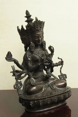 Old bronze buddha Pray (with) three heads and six arms Statue ~Wish U Wealth; - Image 1 of 4