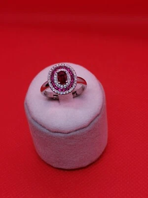 ANELLO DONNA ARGENTO STERLING PIETRA ROSSA CONTORNO ZIRCONI ARGENTO 925 - Immagine 1 di 4
