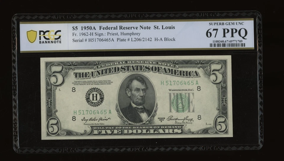 DBR 1950-A $5 FRN St. Louis Superb Gem Fr. 1962-H PCGS-B 67 PPQ Ser # H51706465A - Image 1 of 2