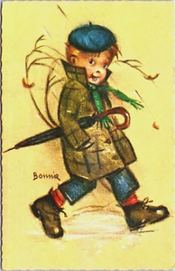 Postal de colección firmada por artista Bonnie lindo niño con paraguas B197 - Imagen 1 de 2