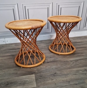 Pair 2 Vintage Twisted Rattan Lamp Side Tables – Cane Mid Century Boho Plant - Picture 1 of 24