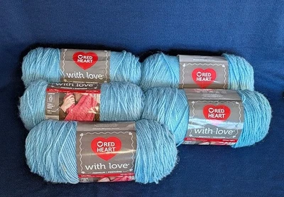 RED HEART WITH LOVE YARN ICED AQUA 5 SKEIN LOT 7oz 370 yd EACH MED #4 WT. - Image 1 of 2