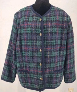 Vintage Plaid Tartan Tweed Wool Blazer Green Navy Academia Preppy | Size 42 - Picture 1 of 8
