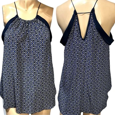 Trina Turk 100% Silk Tank Top Size M Medium Strappy Navy White Printed High Neck - Image 1 of 4