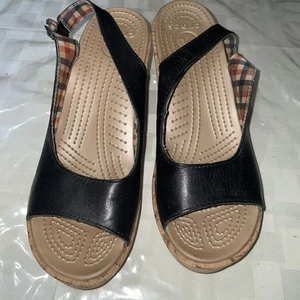 Crocs A Leigh Black Leather Wedge Cork Slingback Heel Women’s Size 9 - Picture 1 of 9
